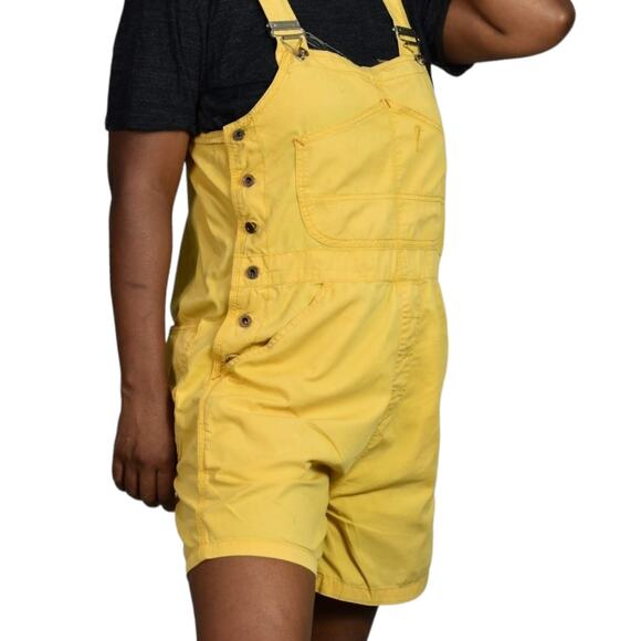 Vintage Bib Overalls Shorts Yellow Cotton Denim Shortalls 90s Y2k Size Medium - Picture 6 of 16